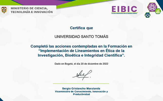La Universidad Santo Tomás se certifica en la implementación de lineamientos en Ética de la Investigación, Bioética e Integridad Científica